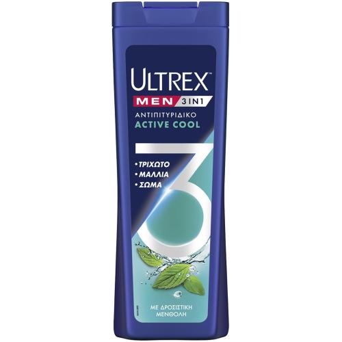 Ultrex Men Men 3 in 1 Shampoo Active Cool Ανδρικό Αντιπιτυριδικό Σαμπουάν,Conditioner & Αφρόλουτρο 3σε1 σε Μορφή Gel με Δροσιστική Μενθόλη 360ml